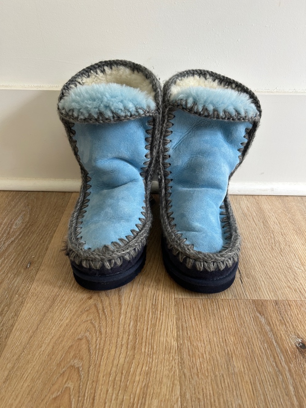 Mou Women's Light Blue Suede Shearling Moccasins